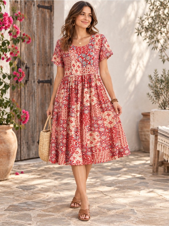 Dresses & Skirts - India Red patchwork crinkle boho midi dress d4